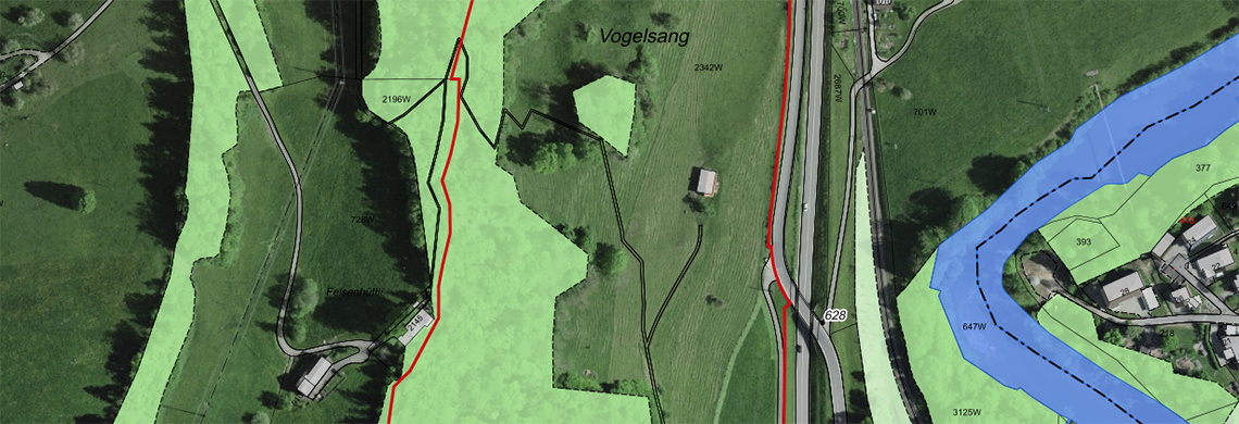 Umfahrung Lichtensteig mit Perimeter des Sicherheitsholzschlages